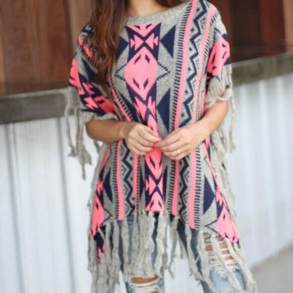 Soho Apparel Sweaters - Aztec Fringe Poncho Sweater M Pink Knit Tribal Caftan Cardigan Boho 70s Festival